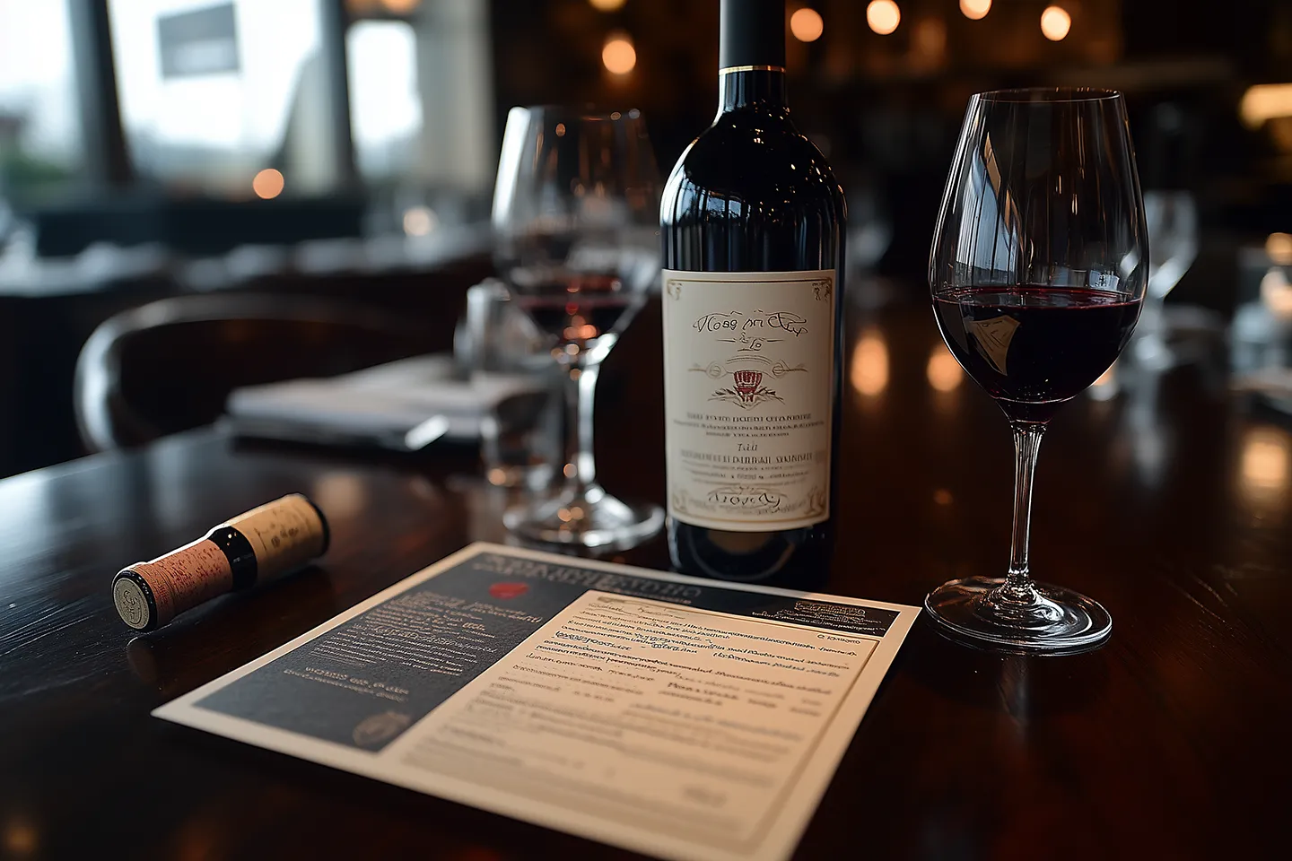 Wine and menu on dark wooden table